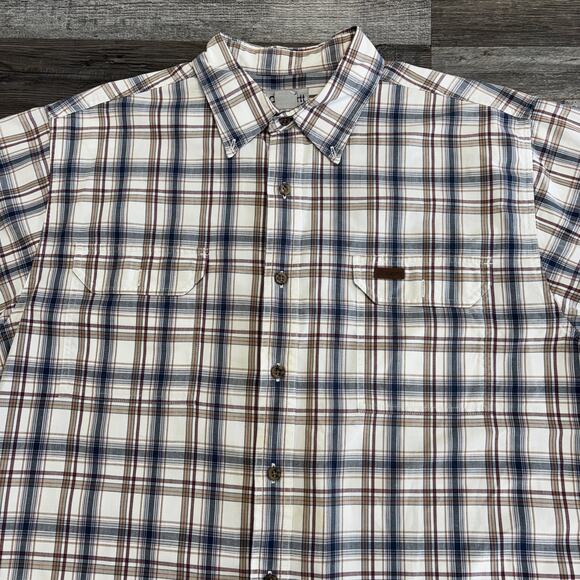 Carhartt Cream Tan Plaid Mens XL Button Up Short Sleeve‎ Chambray Shirt Workwear - Picture 1 of 9
